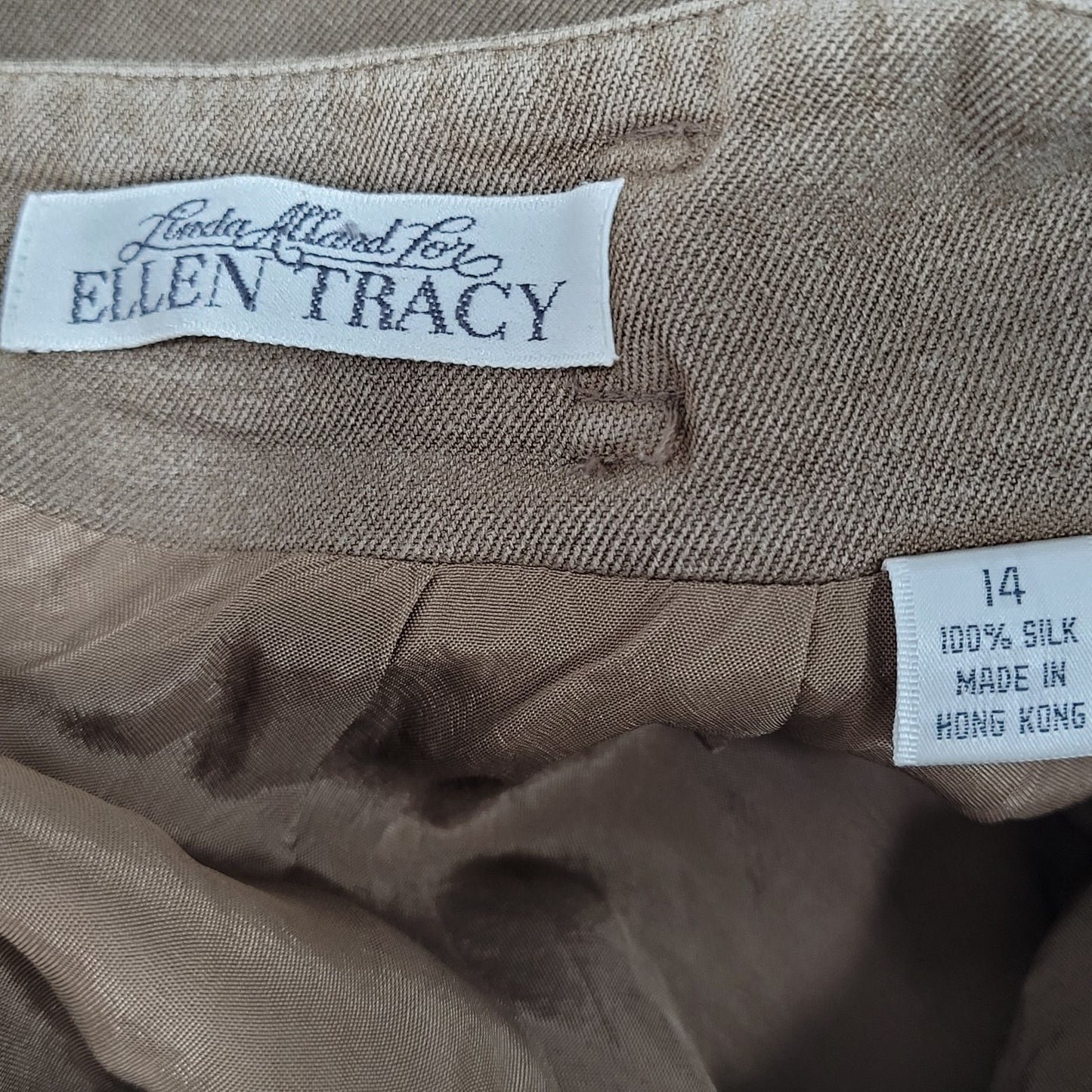 VTG Linda Allard By Ellen Tracy Brown 100% Silk Pencil Skirt Size 14 (30x30.5)