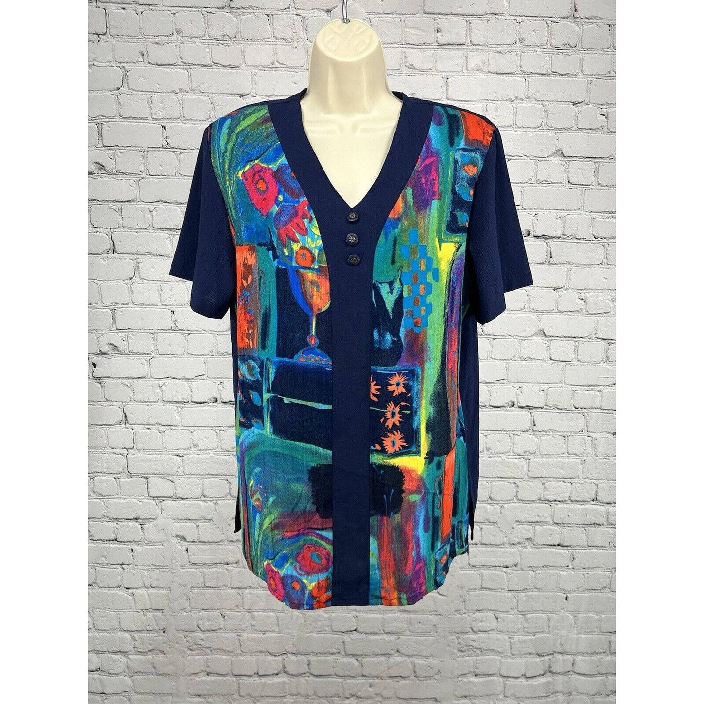 CM Shapes Floral Colorful Button Accent Shoulder Pad Short Sleeve Tunic Blouse M