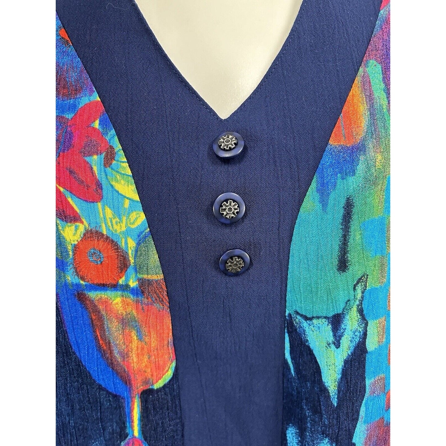 CM Shapes Floral Colorful Button Accent Shoulder Pad Short Sleeve Tunic Blouse M