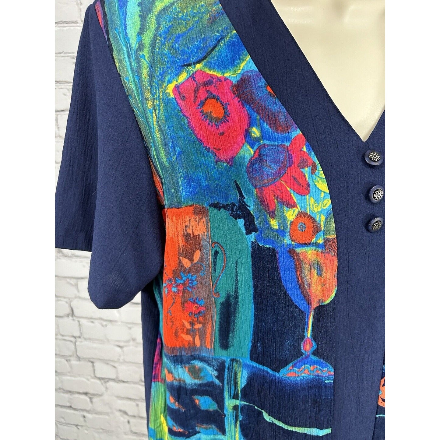 CM Shapes Floral Colorful Button Accent Shoulder Pad Short Sleeve Tunic Blouse M