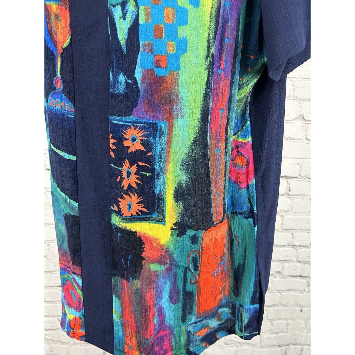 CM Shapes Floral Colorful Button Accent Shoulder Pad Short Sleeve Tunic Blouse M