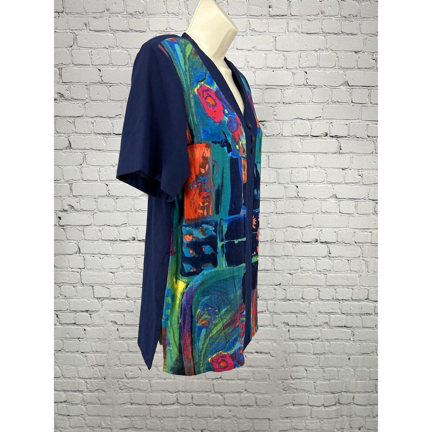 CM Shapes Floral Colorful Button Accent Shoulder Pad Short Sleeve Tunic Blouse M