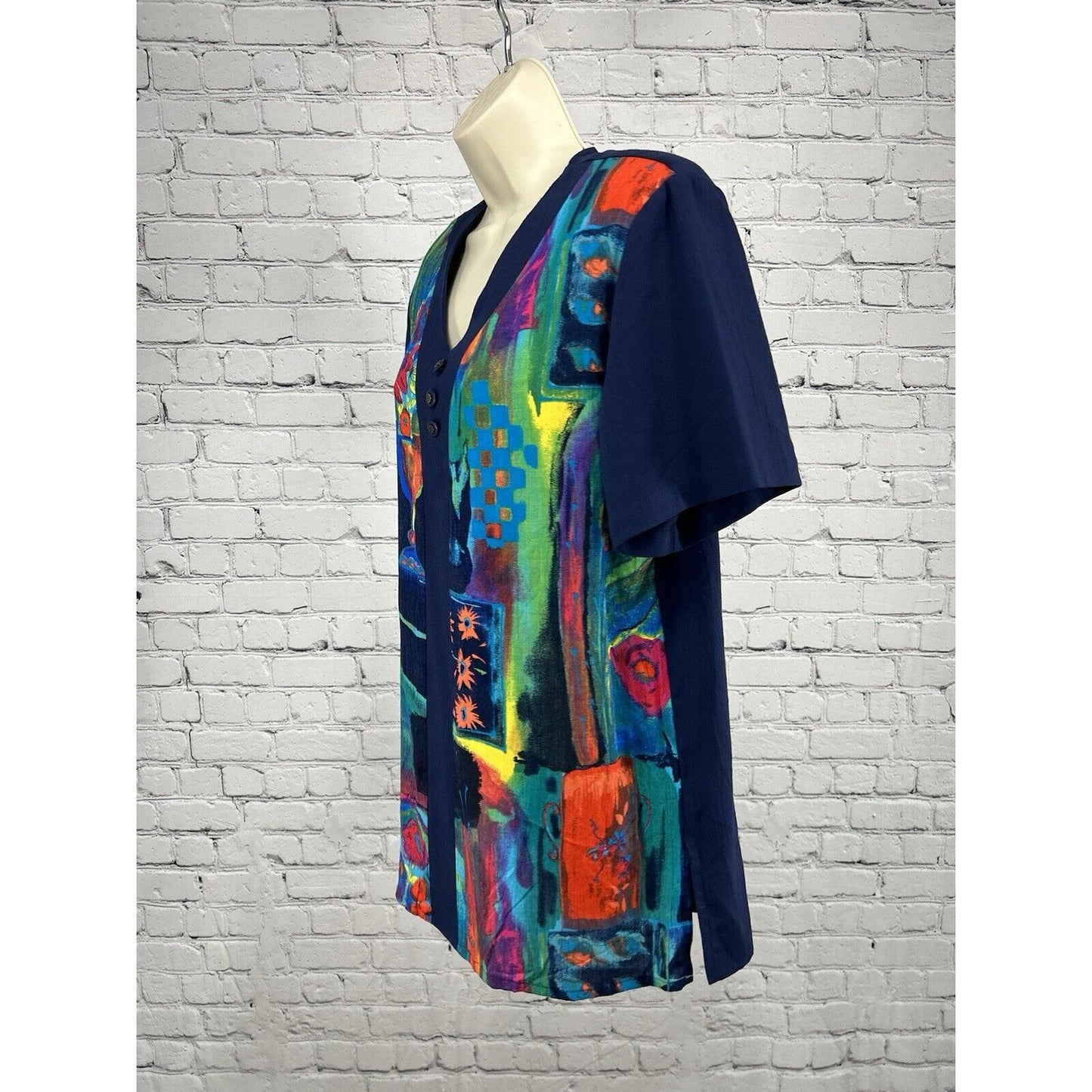 CM Shapes Floral Colorful Button Accent Shoulder Pad Short Sleeve Tunic Blouse M