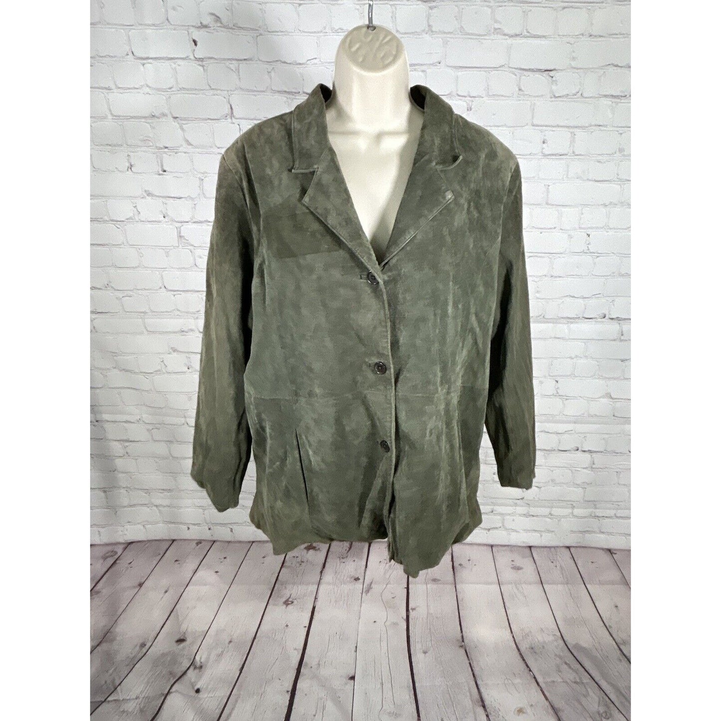 Dialogue Green Button Up Lined Washable Suede Leather Jacket Women’s Size 2X