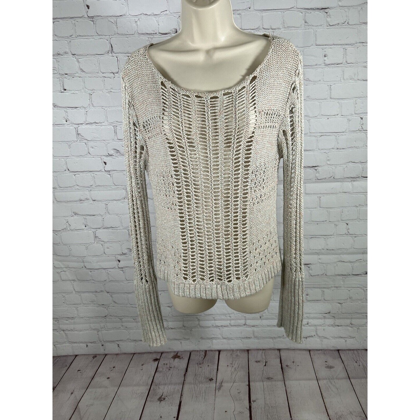 Free People Goccia Beige Multicolor Crop Cotton Linen Blend Open Knit Sweater S
