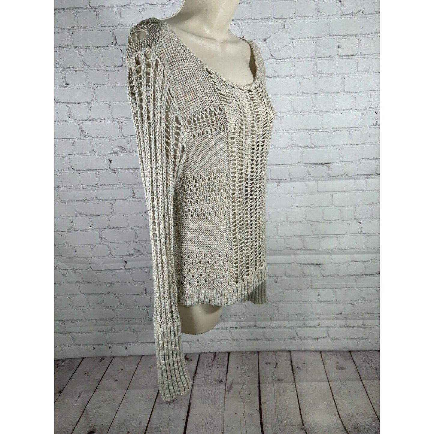 Free People Goccia Beige Multicolor Crop Cotton Linen Blend Open Knit Sweater S