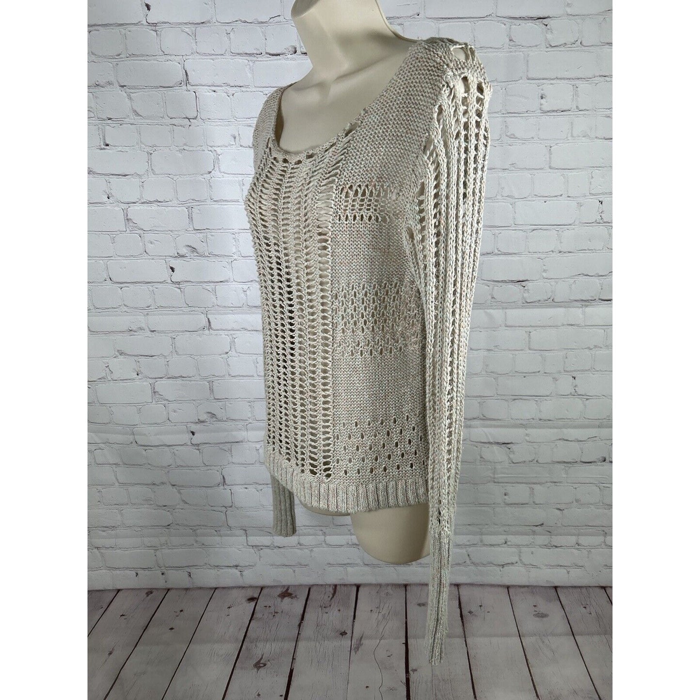 Free People Goccia Beige Multicolor Crop Cotton Linen Blend Open Knit Sweater S