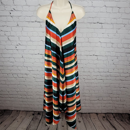 Lulus Multicolor Striped Silky Satin V-Neck Halter  Tie Backless Dress Medium M