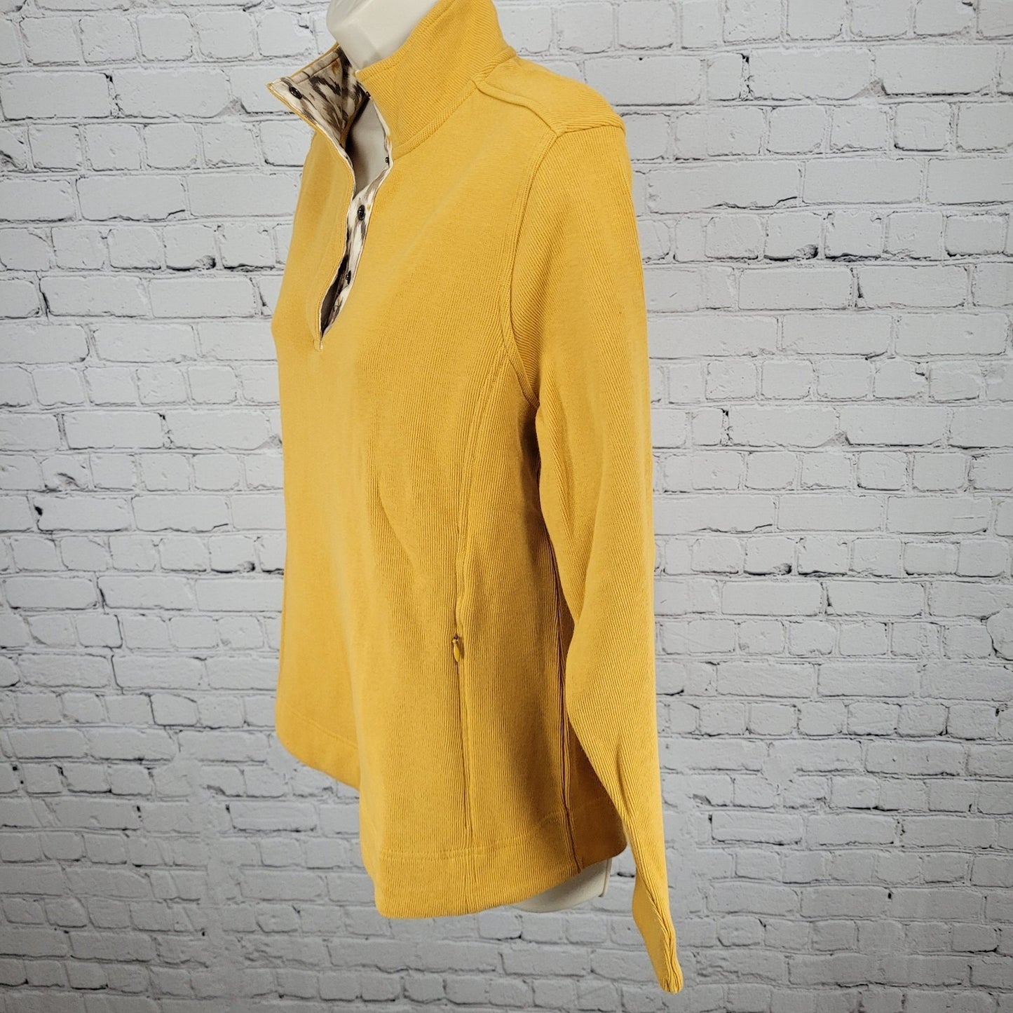 Orvis Yellow Print Trim Snap Collar Pullover Pockets Sweatshirt Size Medium M