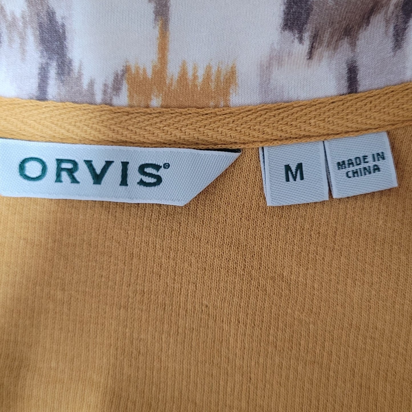 Orvis Yellow Print Trim Snap Collar Pullover Pockets Sweatshirt Size Medium M