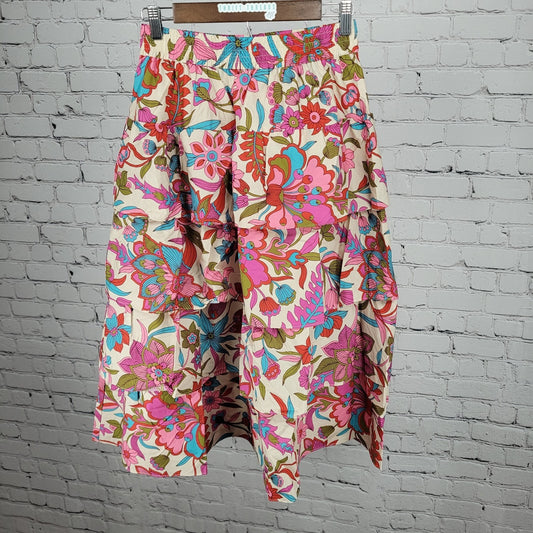 NWT Flora Bea NYC Multicolor Floral Unlined Lightweight Tiered Midi Skirt Small