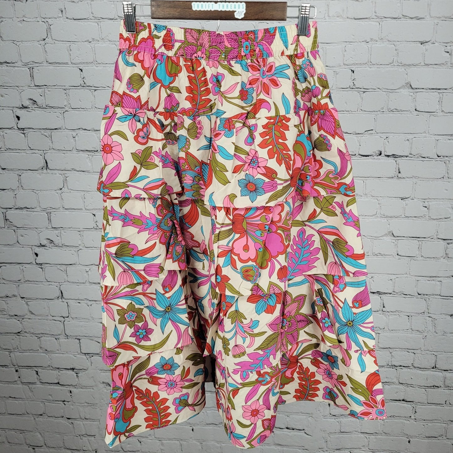 NWT Flora Bea NYC Multicolor Floral Unlined Lightweight Tiered Midi Skirt Small