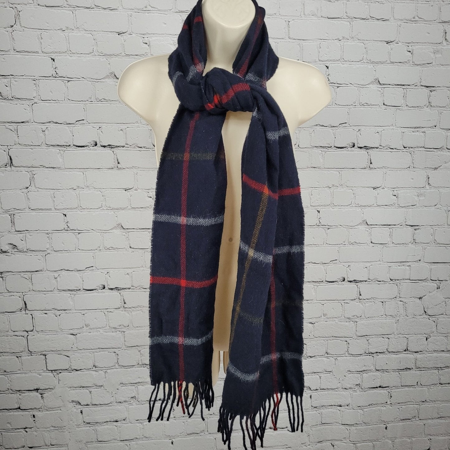 J.Crew By Moon Black Merino Wool Check Fringe Rectangle Scarf England 72x11"