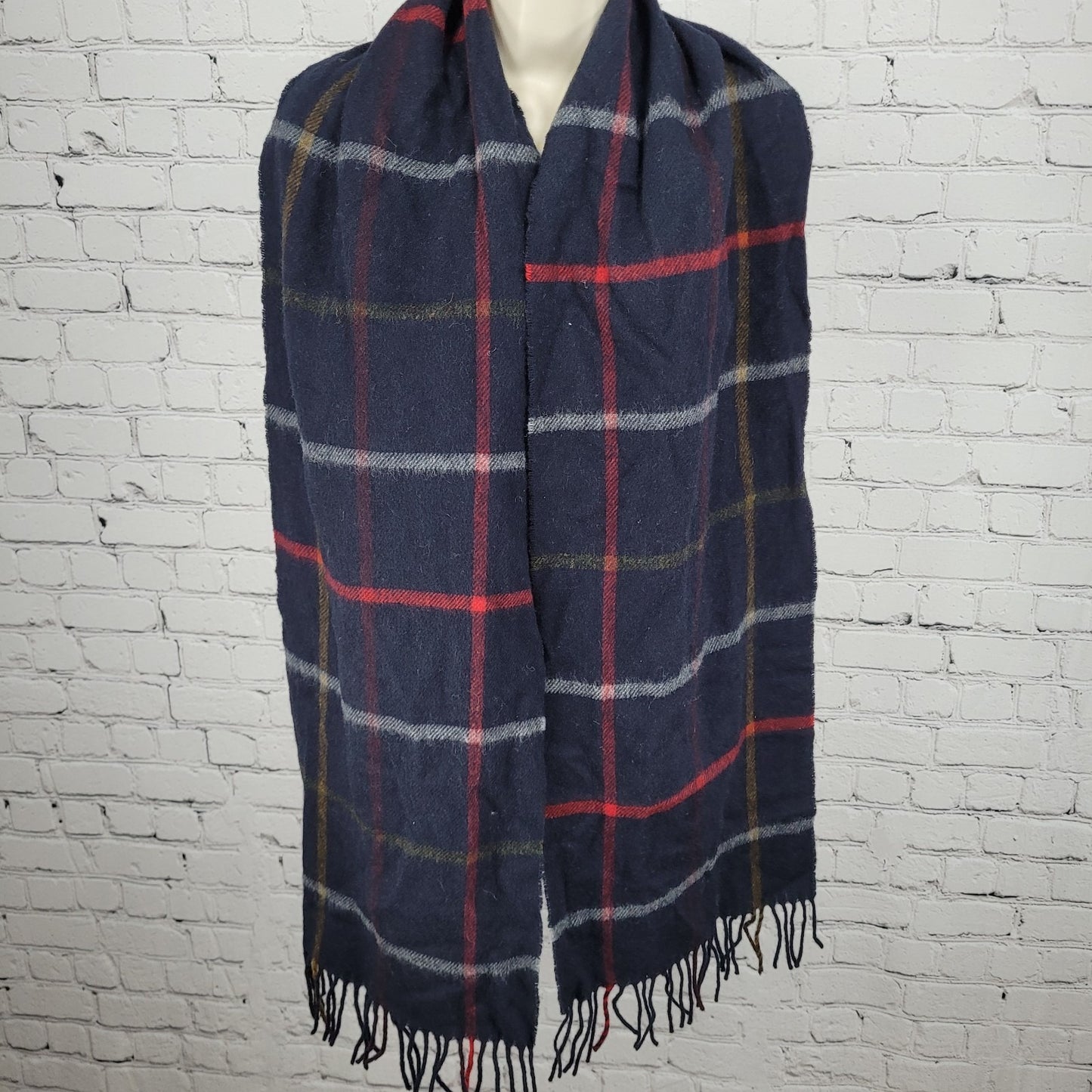 J.Crew By Moon Black Merino Wool Check Fringe Rectangle Scarf England 72x11"