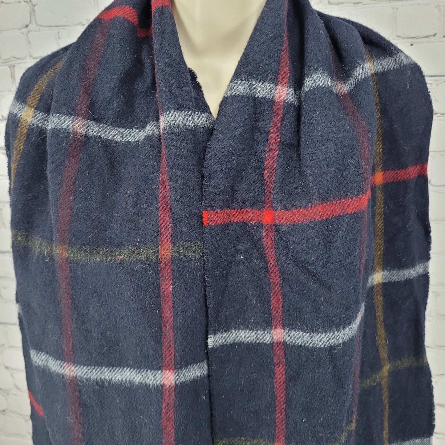 J.Crew By Moon Black Merino Wool Check Fringe Rectangle Scarf England 72x11"