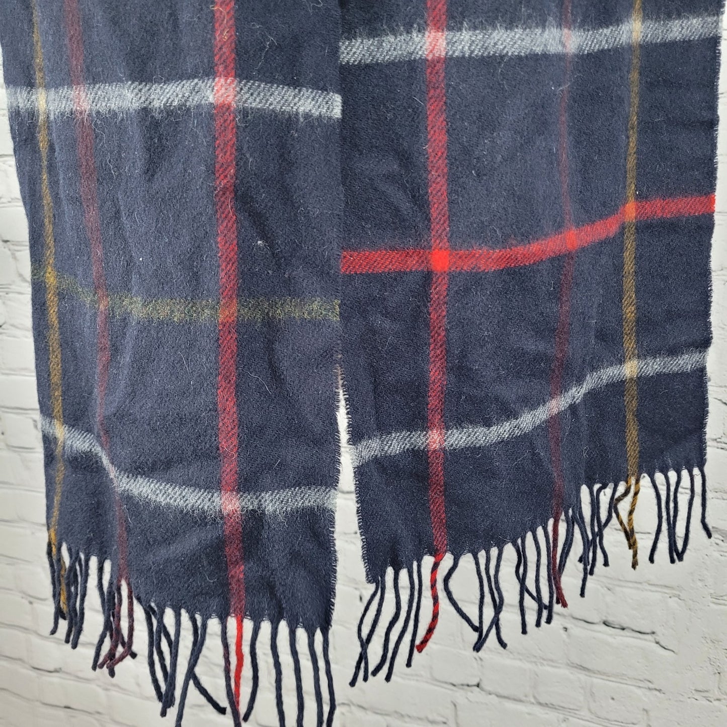 J.Crew By Moon Black Merino Wool Check Fringe Rectangle Scarf England 72x11"