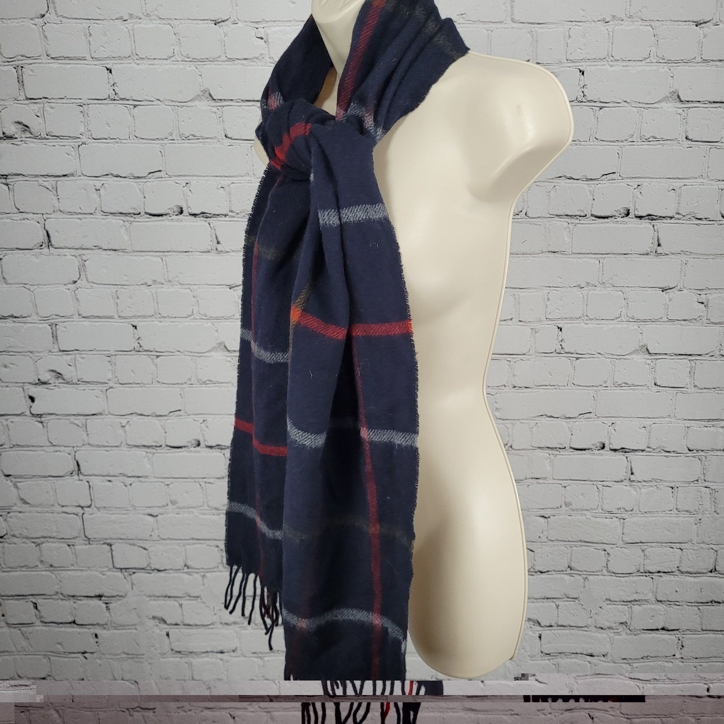 J.Crew By Moon Black Merino Wool Check Fringe Rectangle Scarf England 72x11"