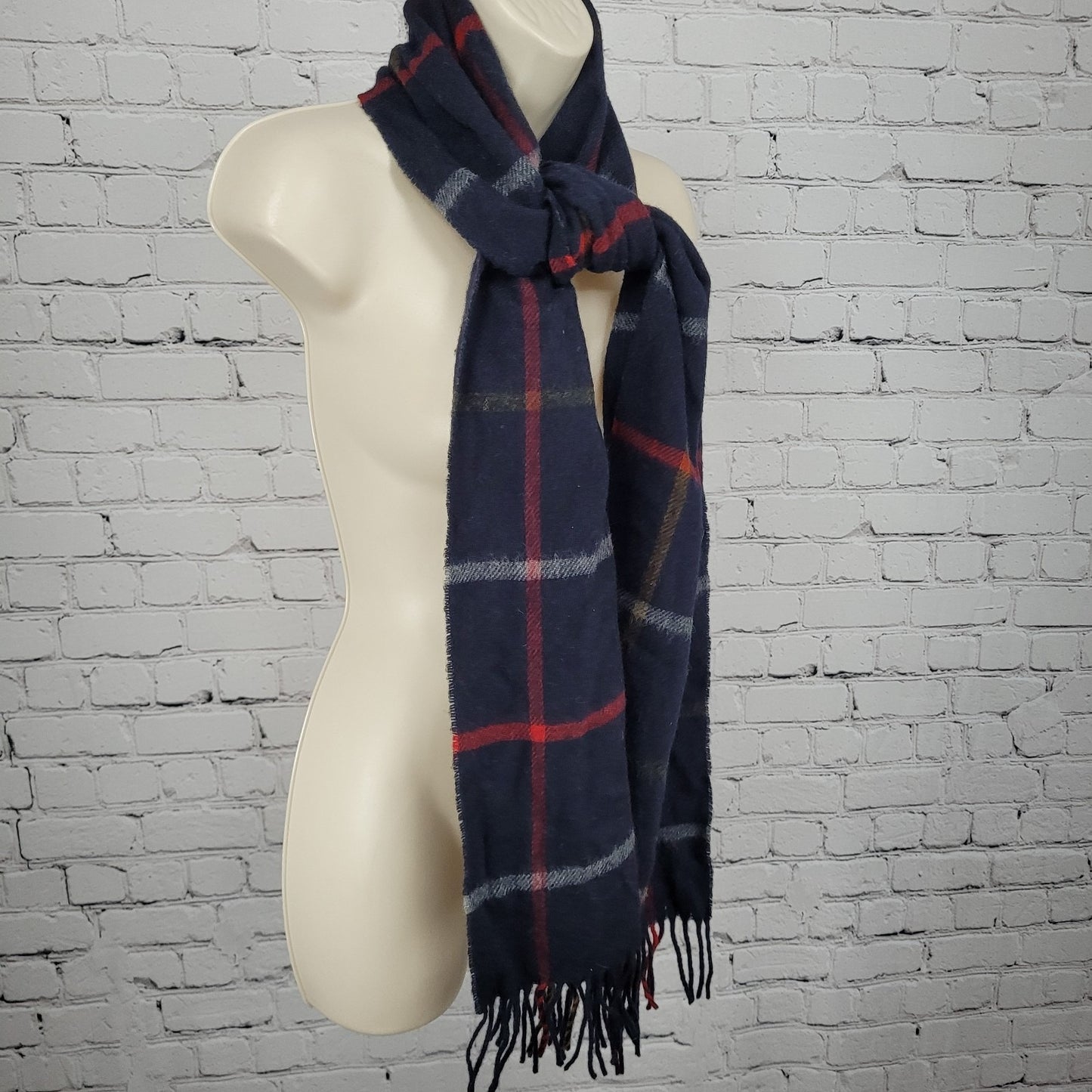 J.Crew By Moon Black Merino Wool Check Fringe Rectangle Scarf England 72x11"