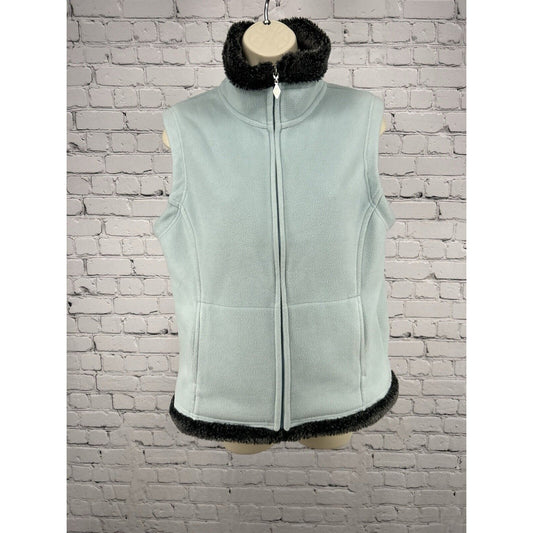 SDI Blue Faux Fur Trim Full Zip Sleeveless Vest Zip Pockets Women’s L