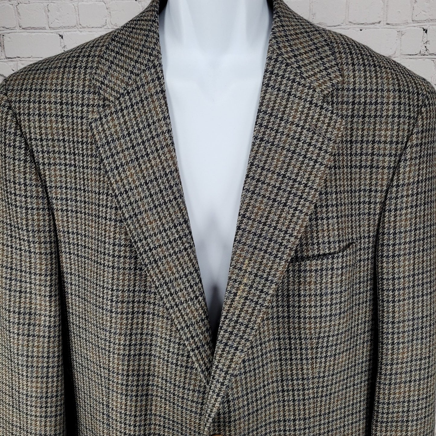 Chaps Ralph Lauren Brown & Blue 100% Wool Houndstooth Blazer Sport Coat Size 46