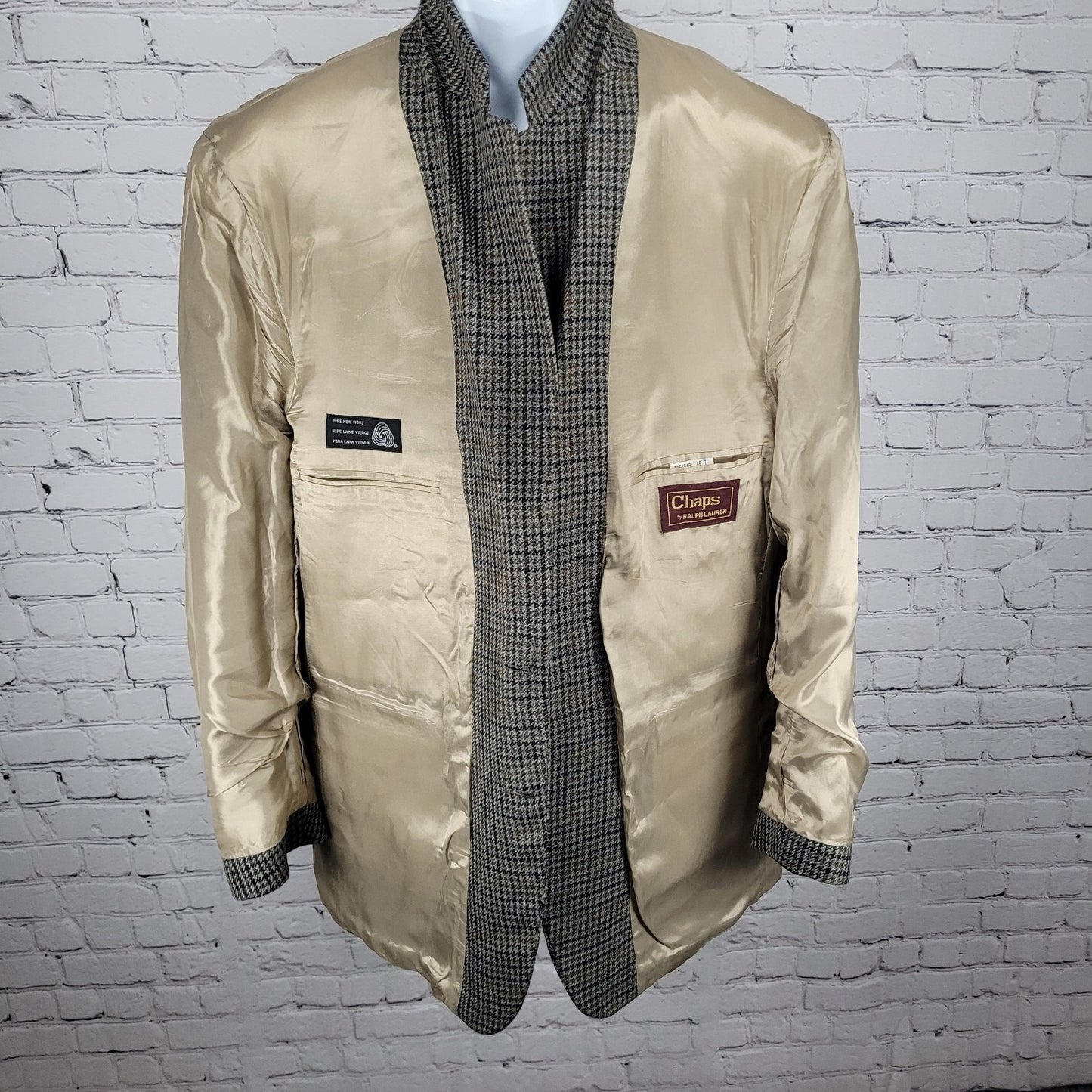 Chaps Ralph Lauren Brown & Blue 100% Wool Houndstooth Blazer Sport Coat Size 46