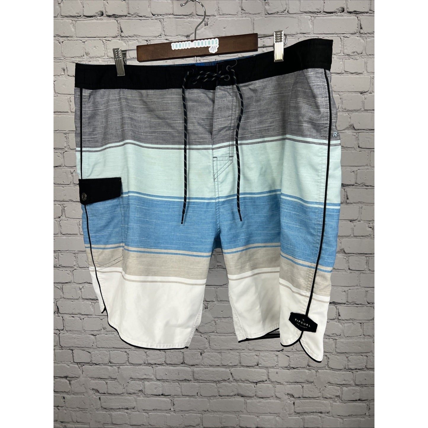 Rip Curl Blue Gray Live The Search Board Swim Shorts Pocket Strap Logo Men’s 40