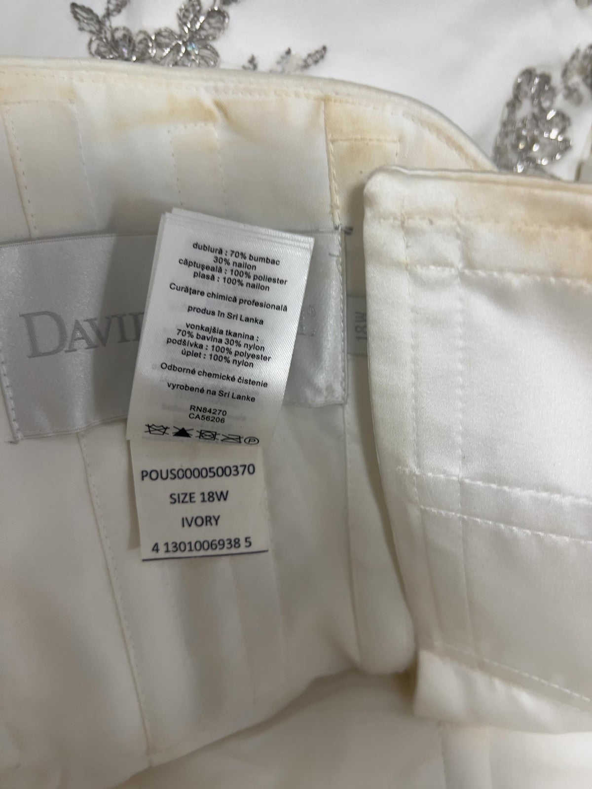 David's Bridal Ivory Satin Strapless Beaded Lace Up Wedding Dress Gown 18W