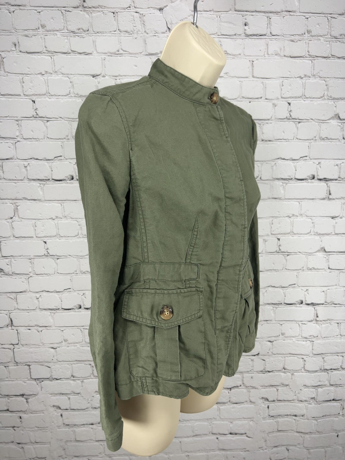 Talbots Petites Olive Green Linen Blend Stand Collar Utility Jacket SP
