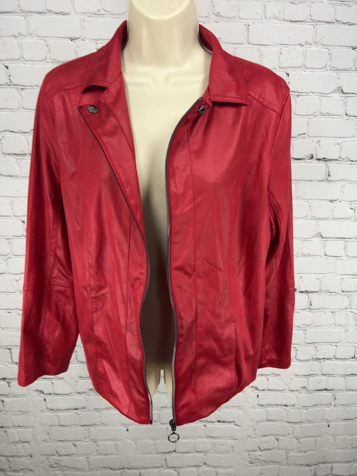 Allison Daley Red Faux Leather Full Zip Snap Collar Lined Jacket S