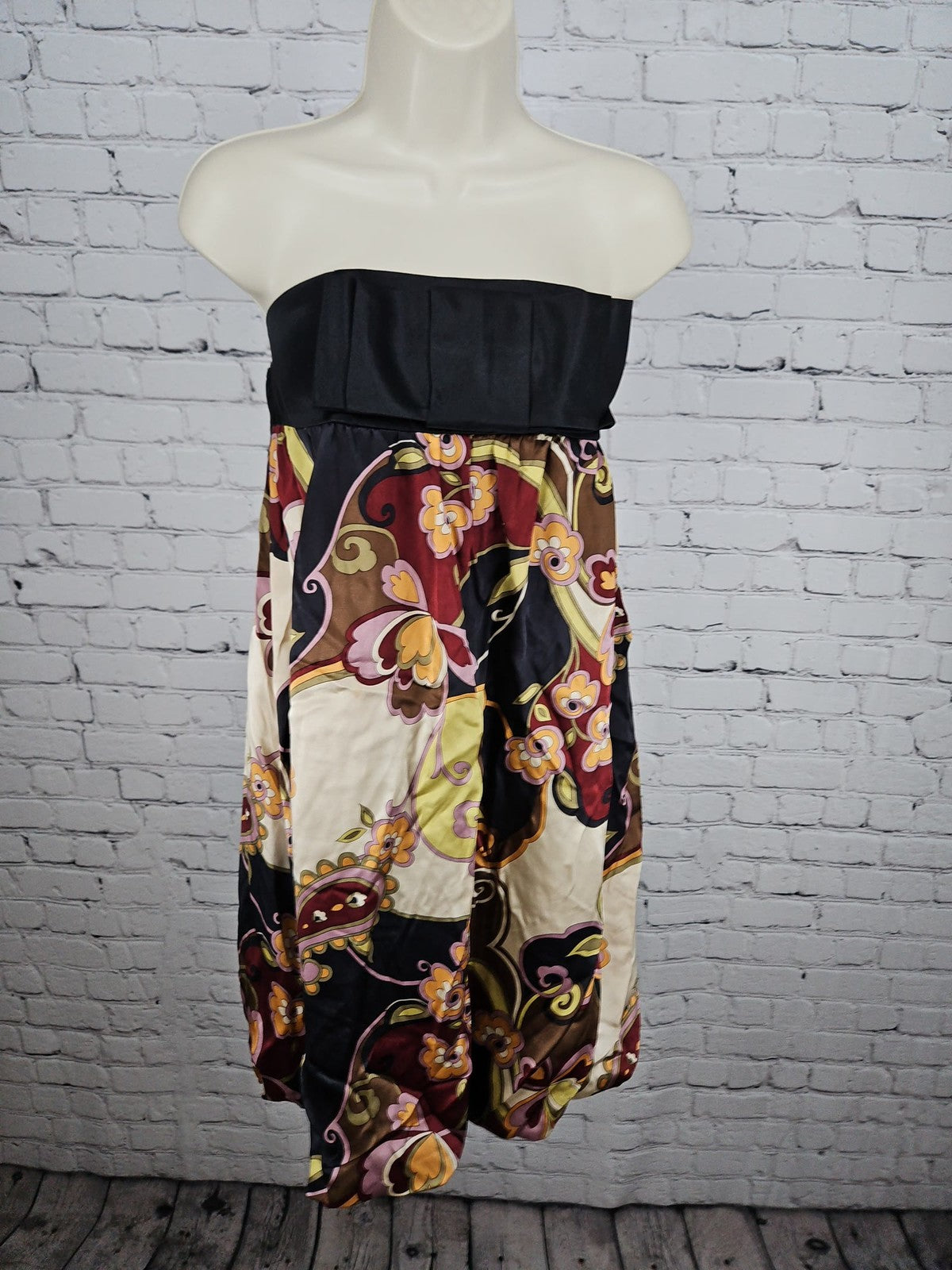 Steve Madden Multicolor Paisley Floral 100% Silk Strapless Bubble Dress 8