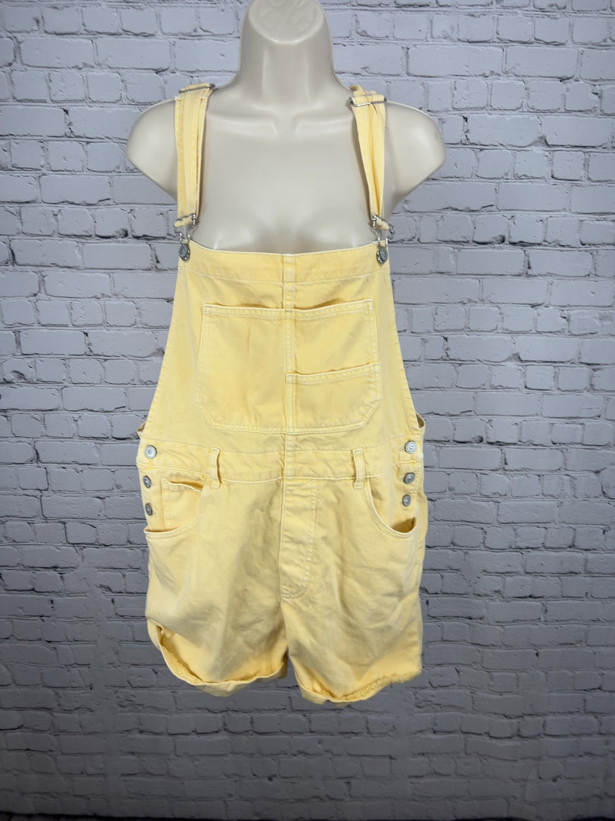 We The Free Yellow Denim Cuffed Overall Shortalls Women's L