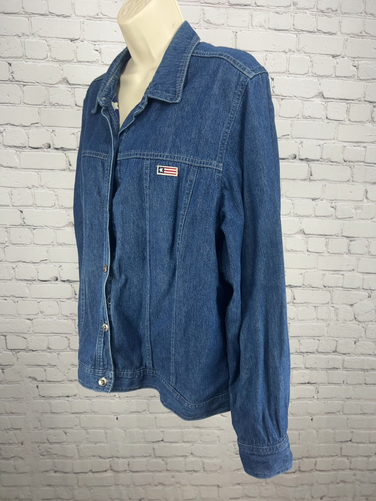 VTG Coldwater Creek Americana Flag Lined Denim Jean Jacket USA Women's XL