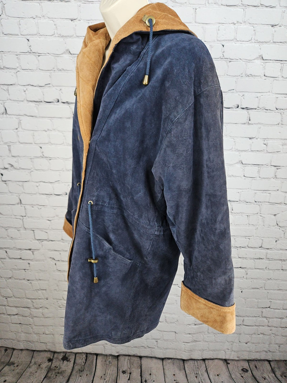 VTG BB Dakota Navy Suede Leather Hooded Drawstring Parka Jacket Womens M