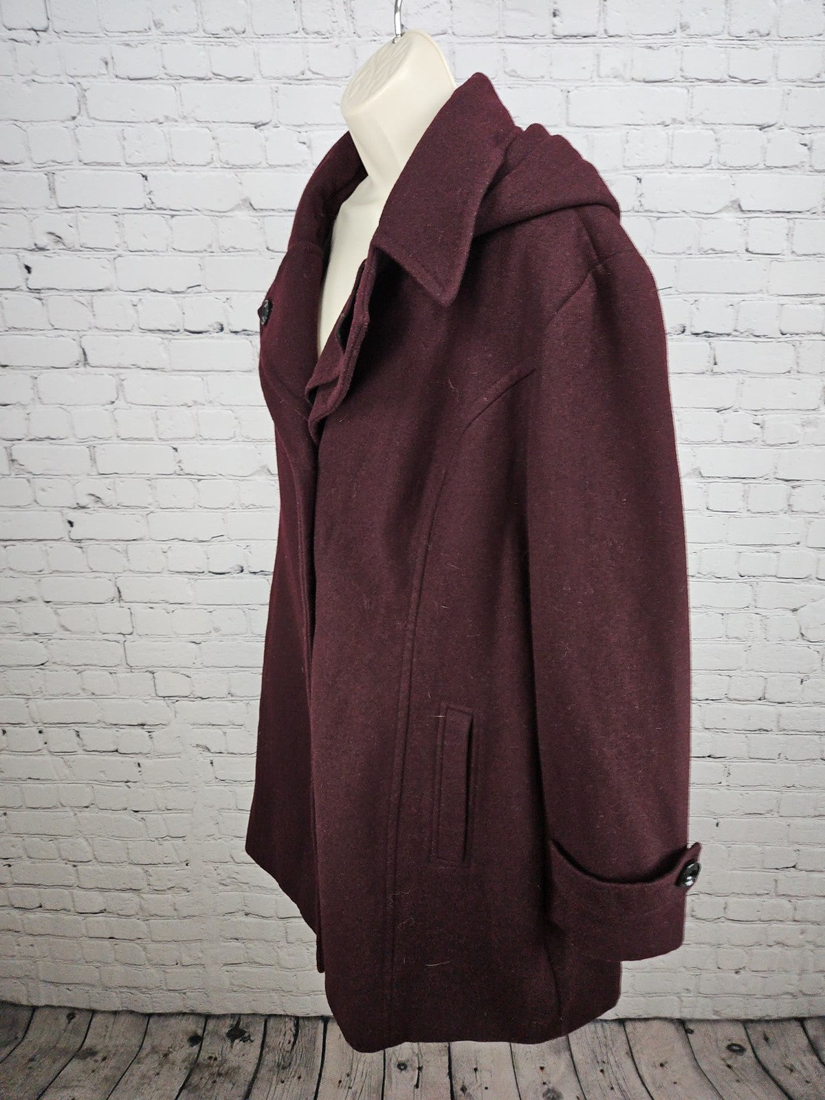 London Fog Burgundy Wool Blend Hooded Button Front Walker Coat Women's XXL