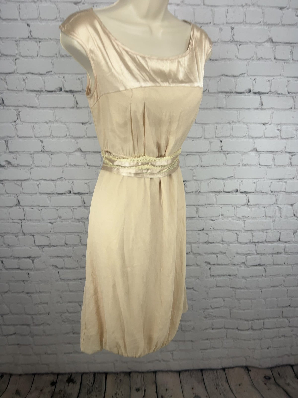 Blush Pink 100% Silk Satin Yoke Sleeveless Bubble Hem Lace Tie Dress M
