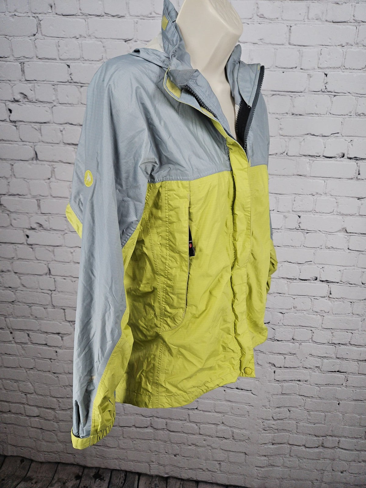Marmot Lime Green Gray Colorblock Hooded Nylon Rain Jacket Women's S