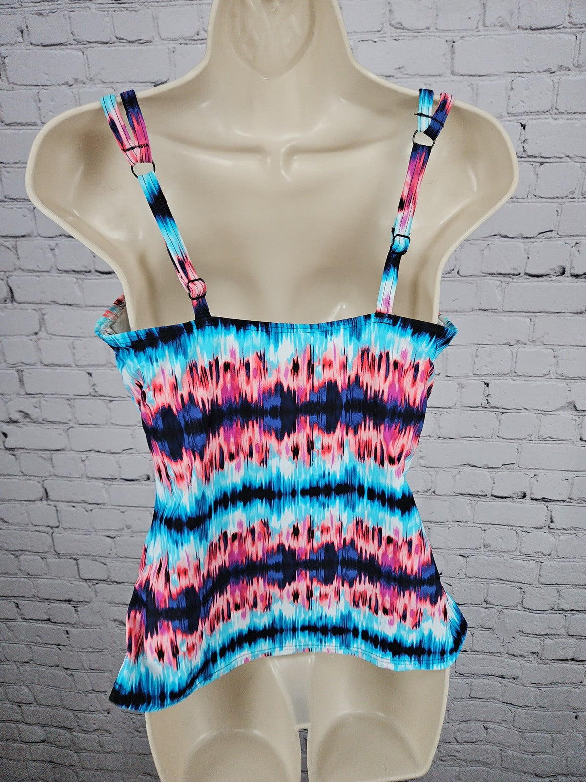 Croft & Barrow Pink Blue Ikat Print Double Strap Ring Padded Tankini Top 14