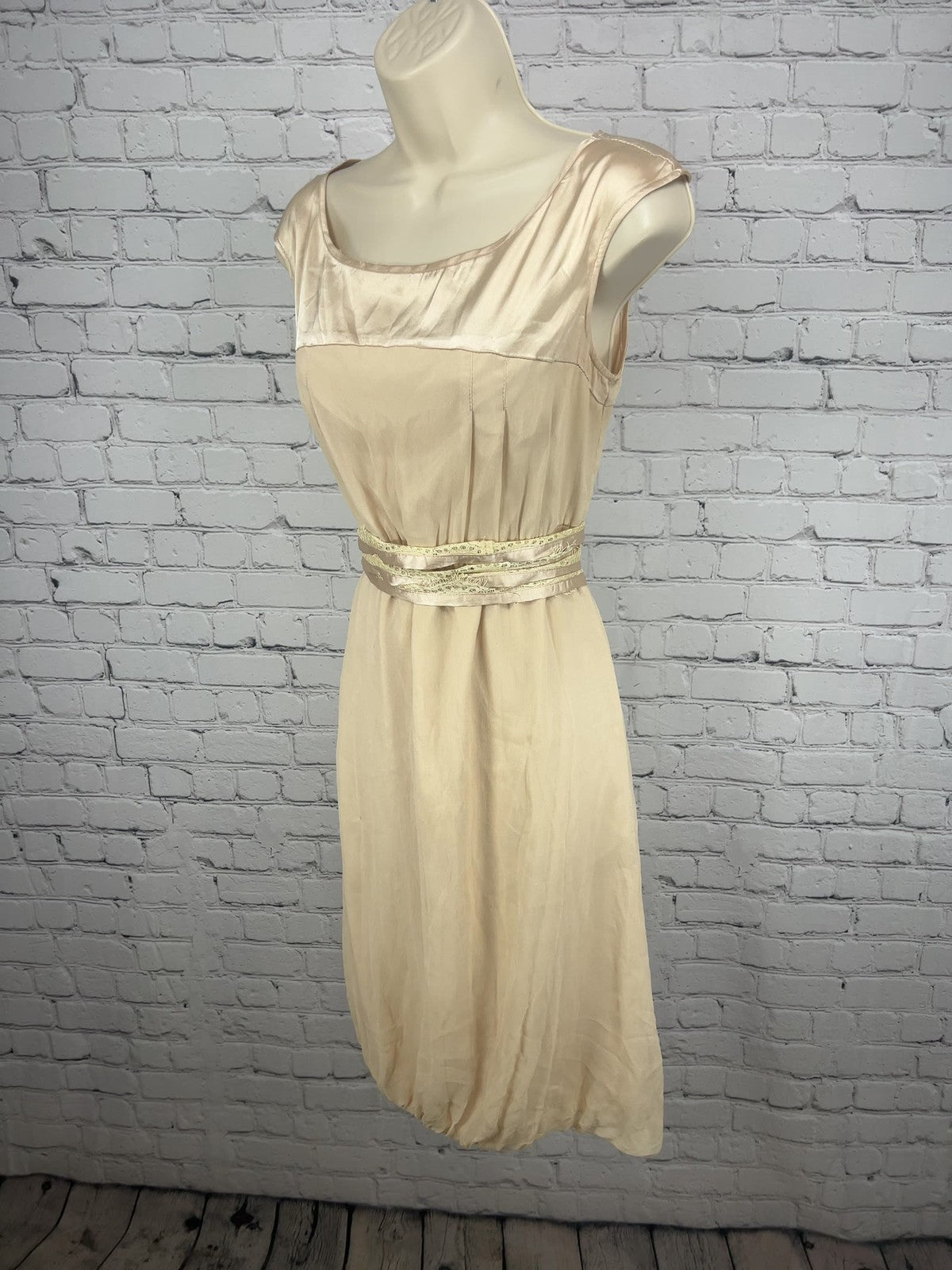 Blush Pink 100% Silk Satin Yoke Sleeveless Bubble Hem Lace Tie Dress M