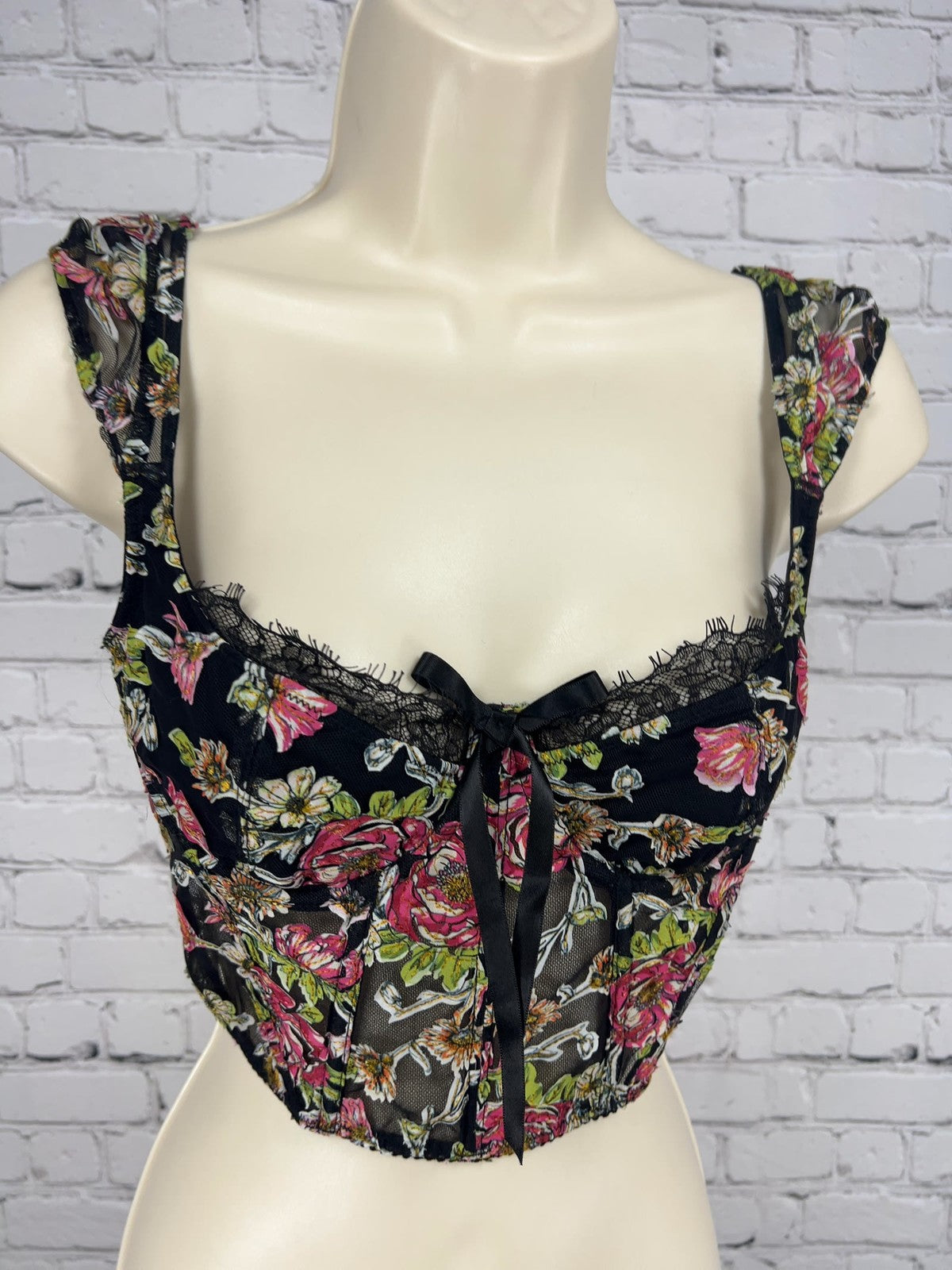 Victoria's Secret Dream Angels Black Floral Mesh Lace Corset Bustier 32C