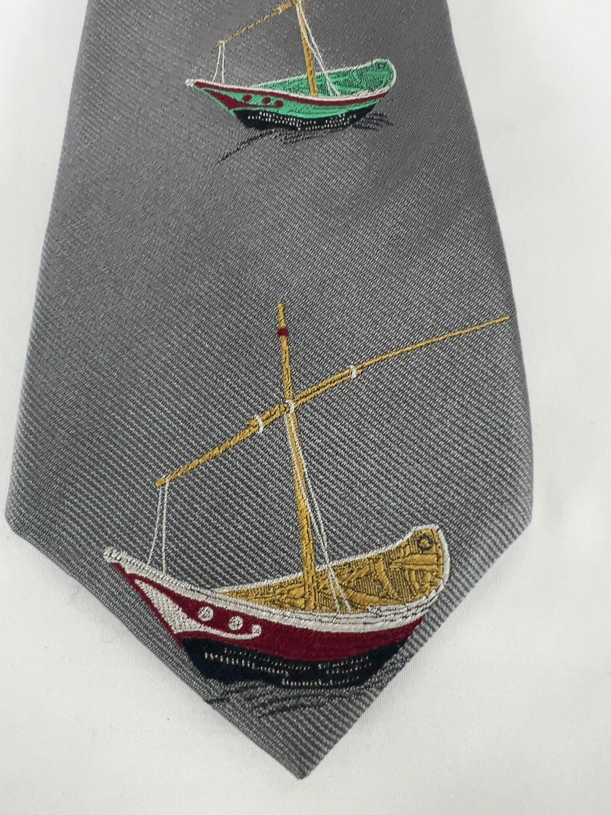 VTG Perry Ellis Handmade Gray Silk Nautical Sailboat Print Men's Neck Tie