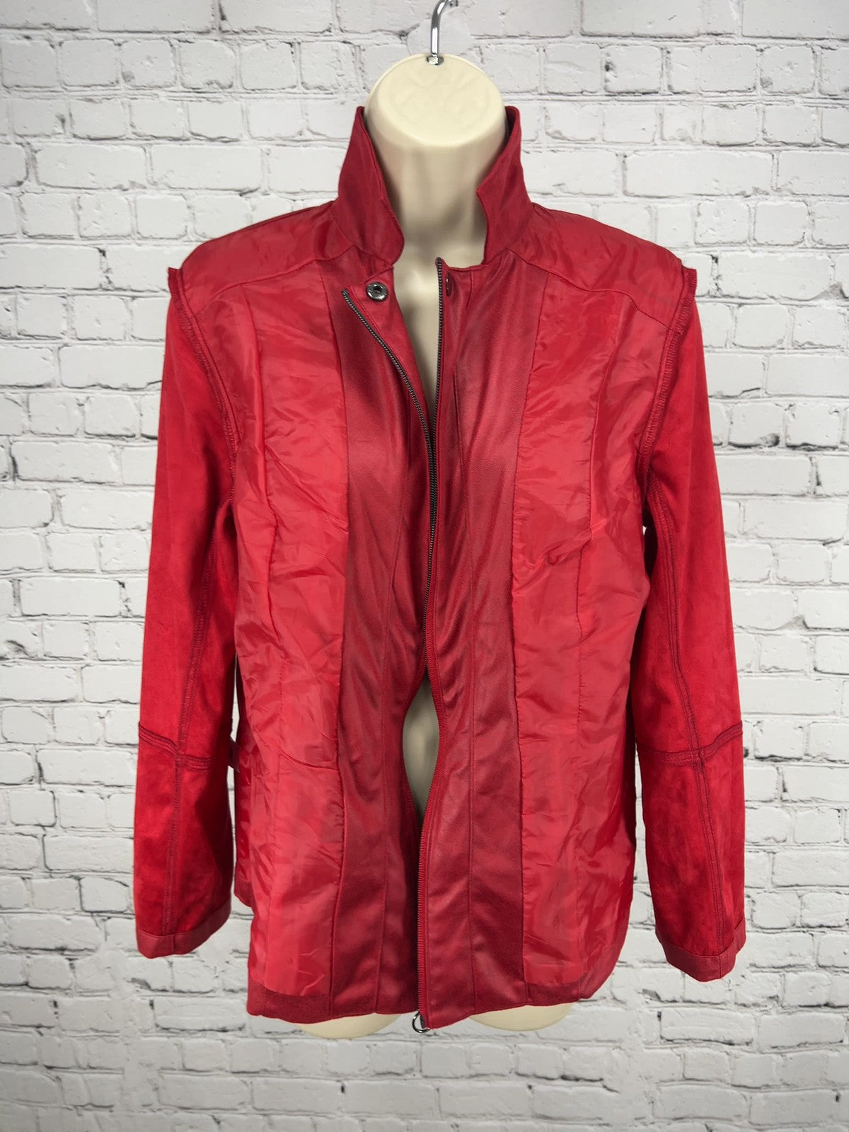 Allison Daley Red Faux Leather Full Zip Snap Collar Lined Jacket S