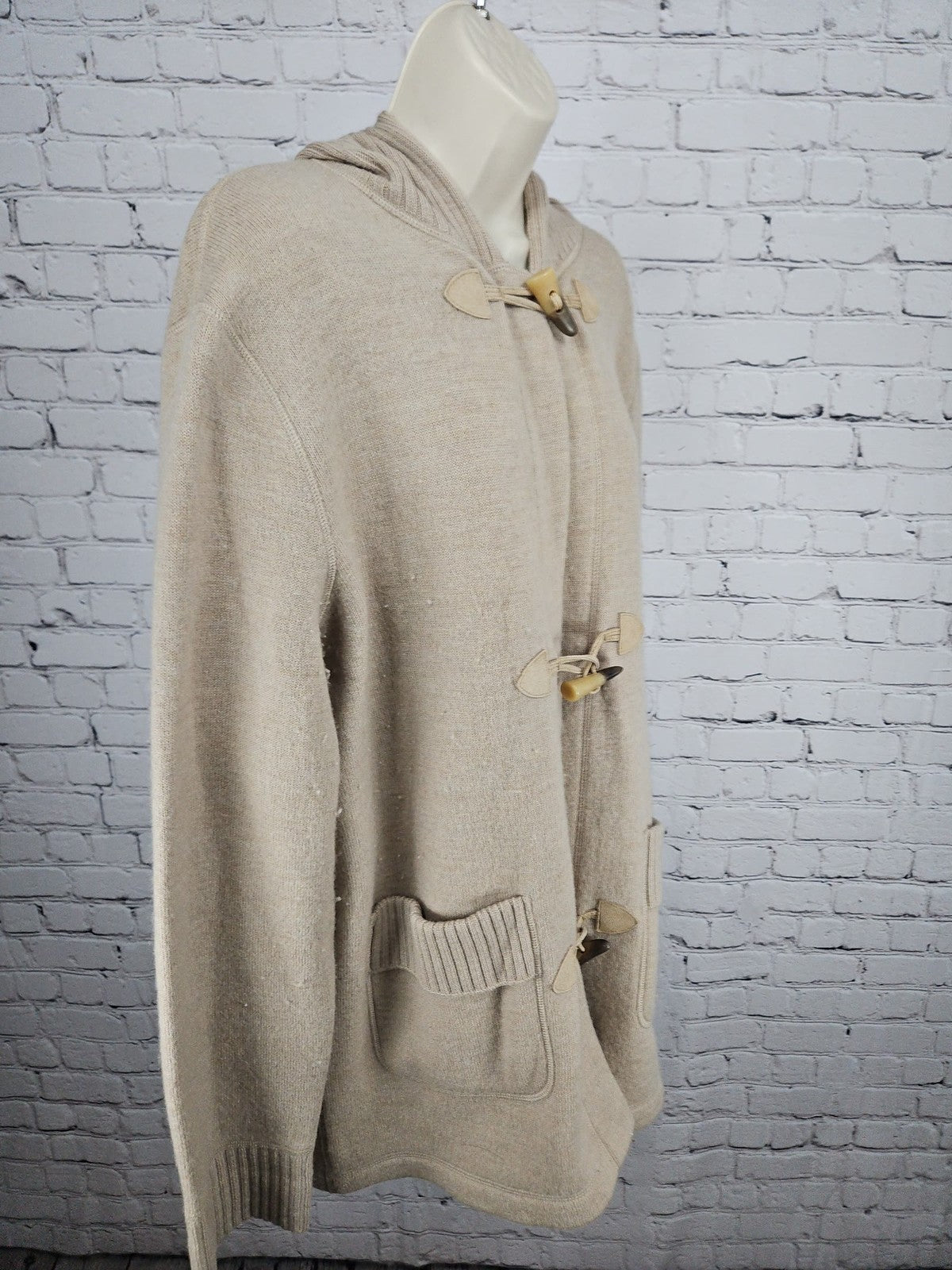 VTG Jones New York Sport Beige 100% Wool Hooded Toggle Cardigan Women's L