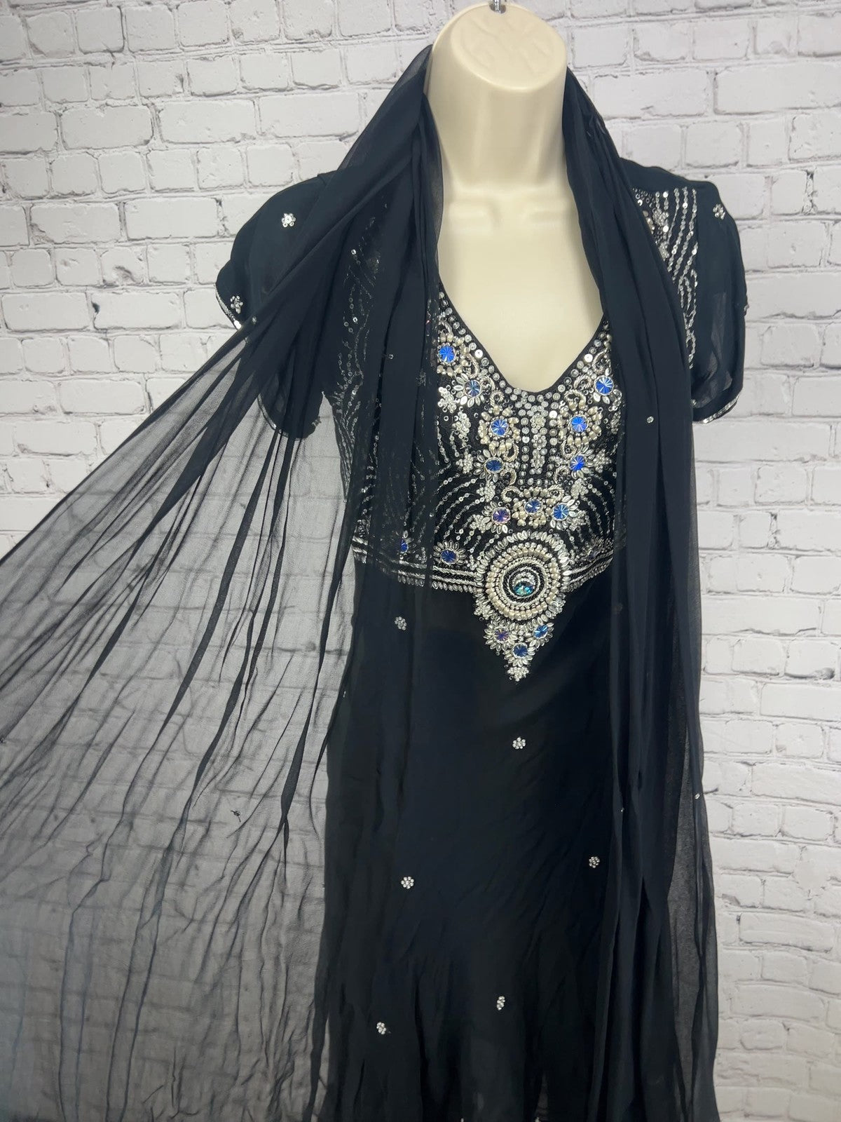Black Silver Beaded Sequin Chiffon 3 Piece Salwar Kameez Dupatta Set M