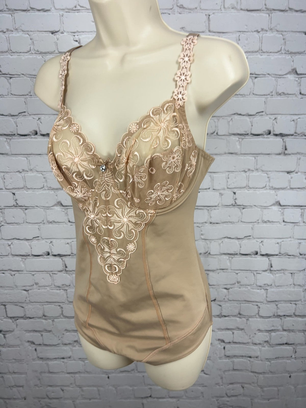 Simone Perele Beige Floral Embroidered Lace Underwire Bodysuit 34D
