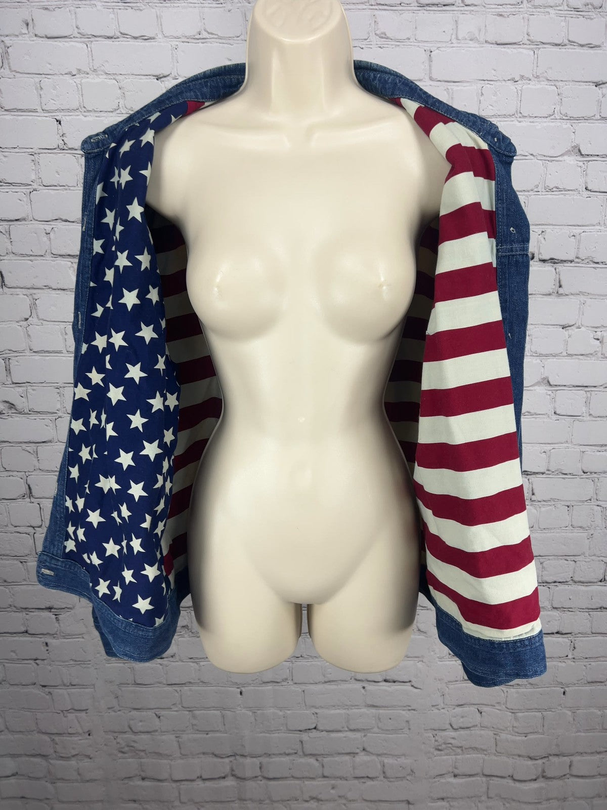 VTG Coldwater Creek Americana Flag Lined Denim Jean Jacket USA Women's XL