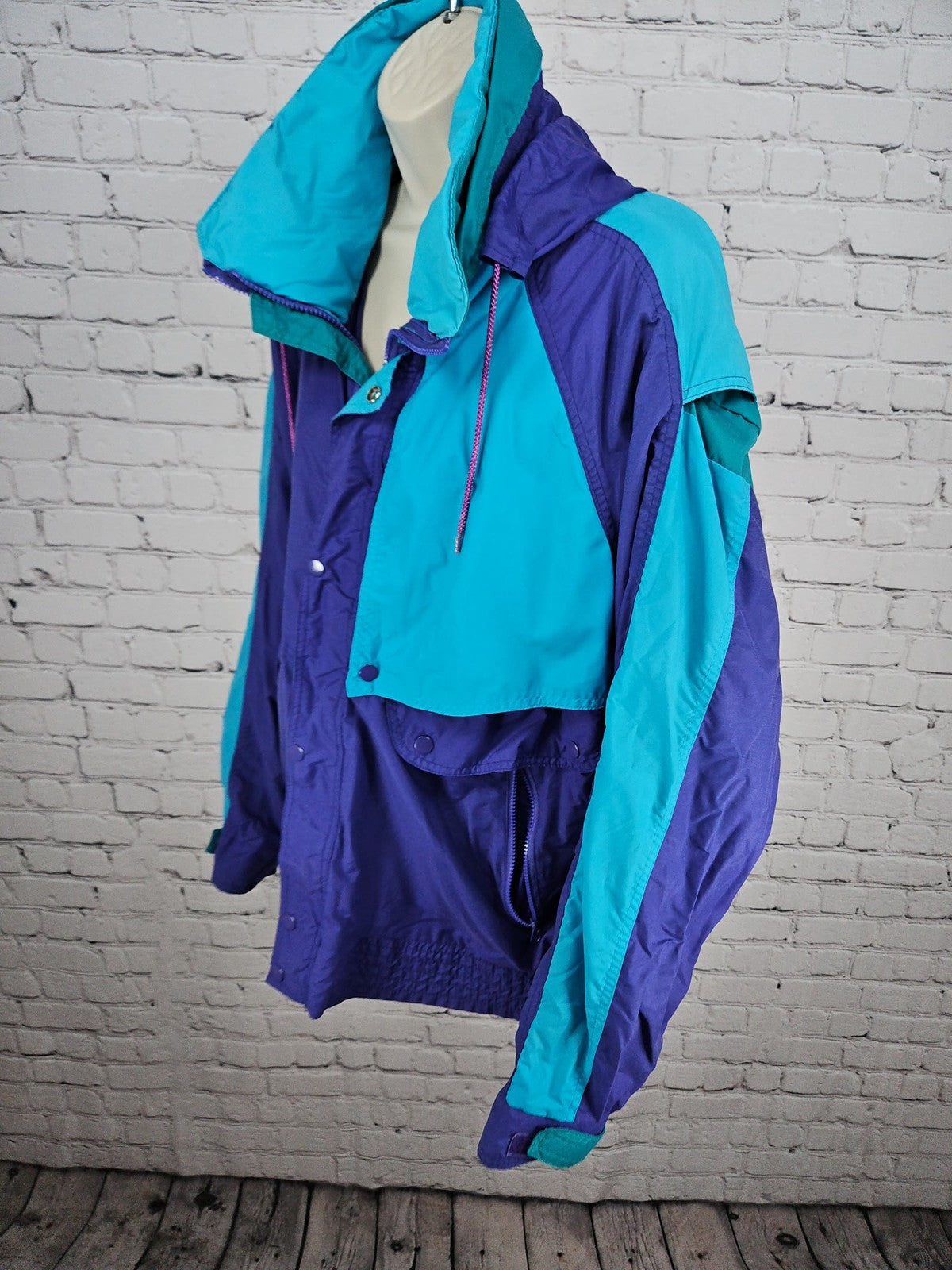VTG Weekends Purple Teal Color Block Hooded Nylon Windbreaker Jacket Men's L
