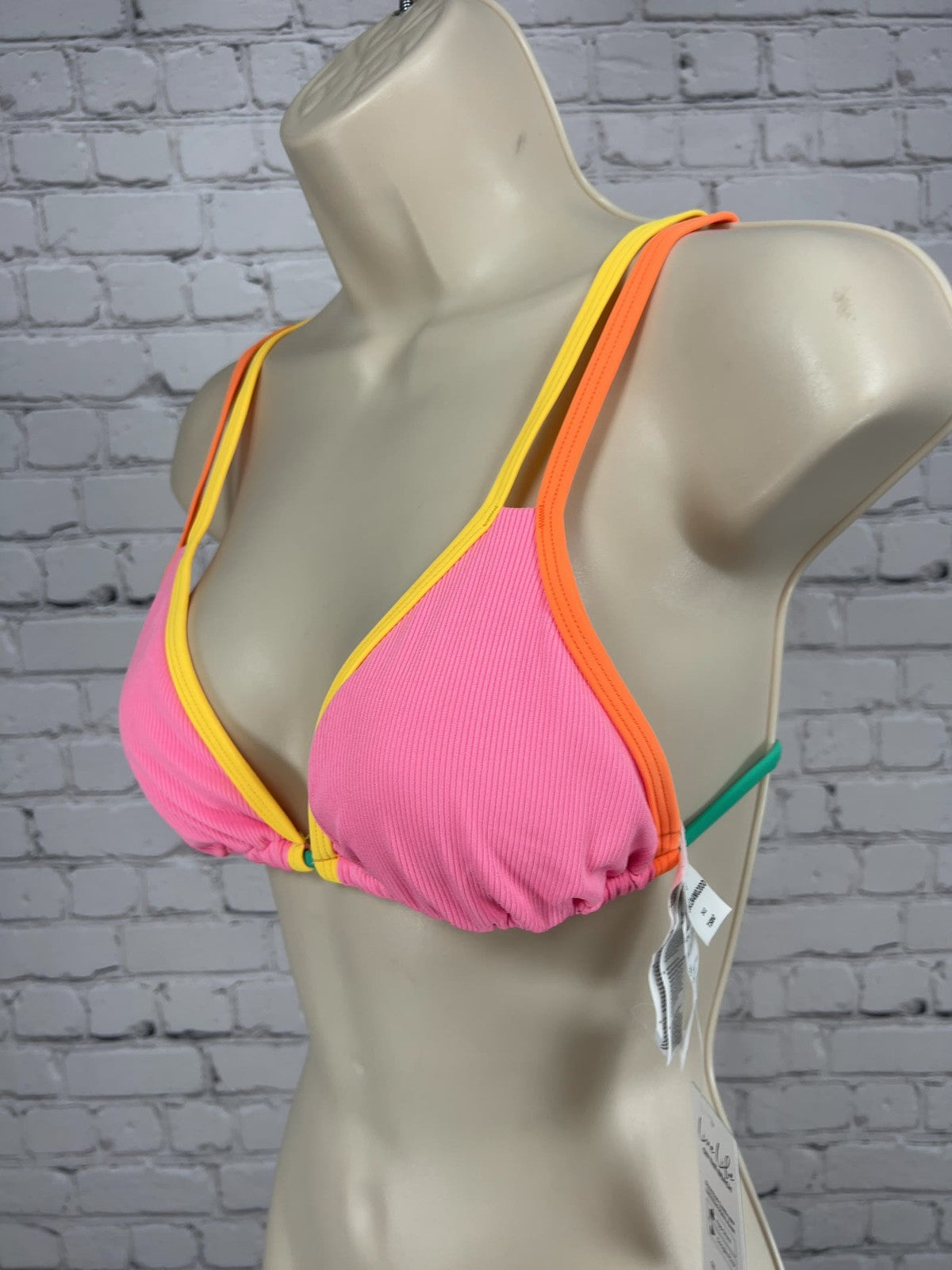 NWT Cupshe Neon Pink Orange Colorblock Ribbed Triangle Bikini Swim Top S
