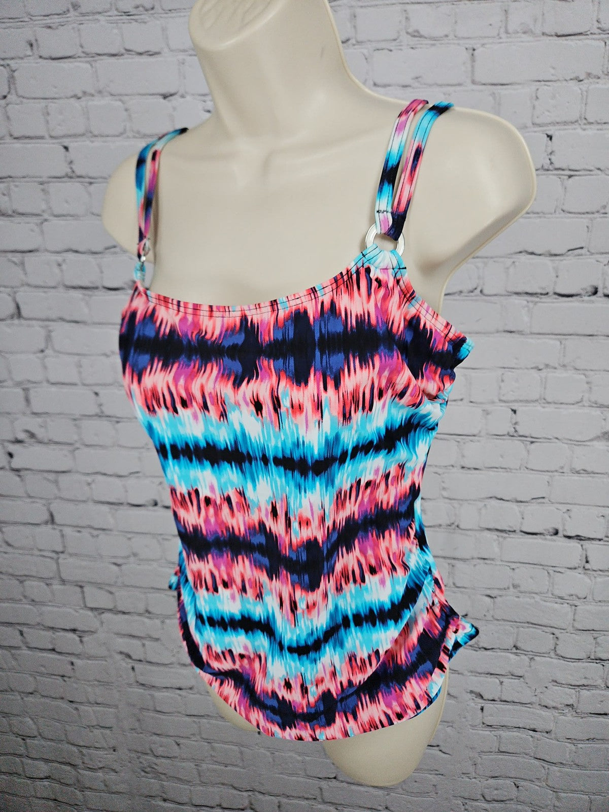 Croft & Barrow Pink Blue Ikat Print Double Strap Ring Padded Tankini Top 14