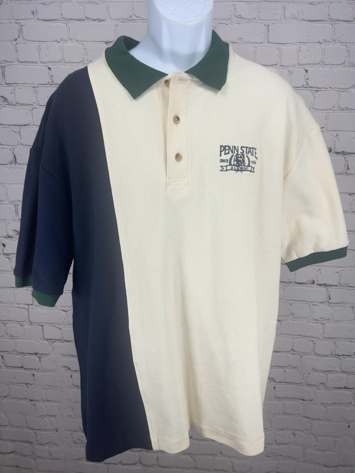 VTG Travaux Penn State Alumni Cream Navy Green Color Block Polo Shirt XL