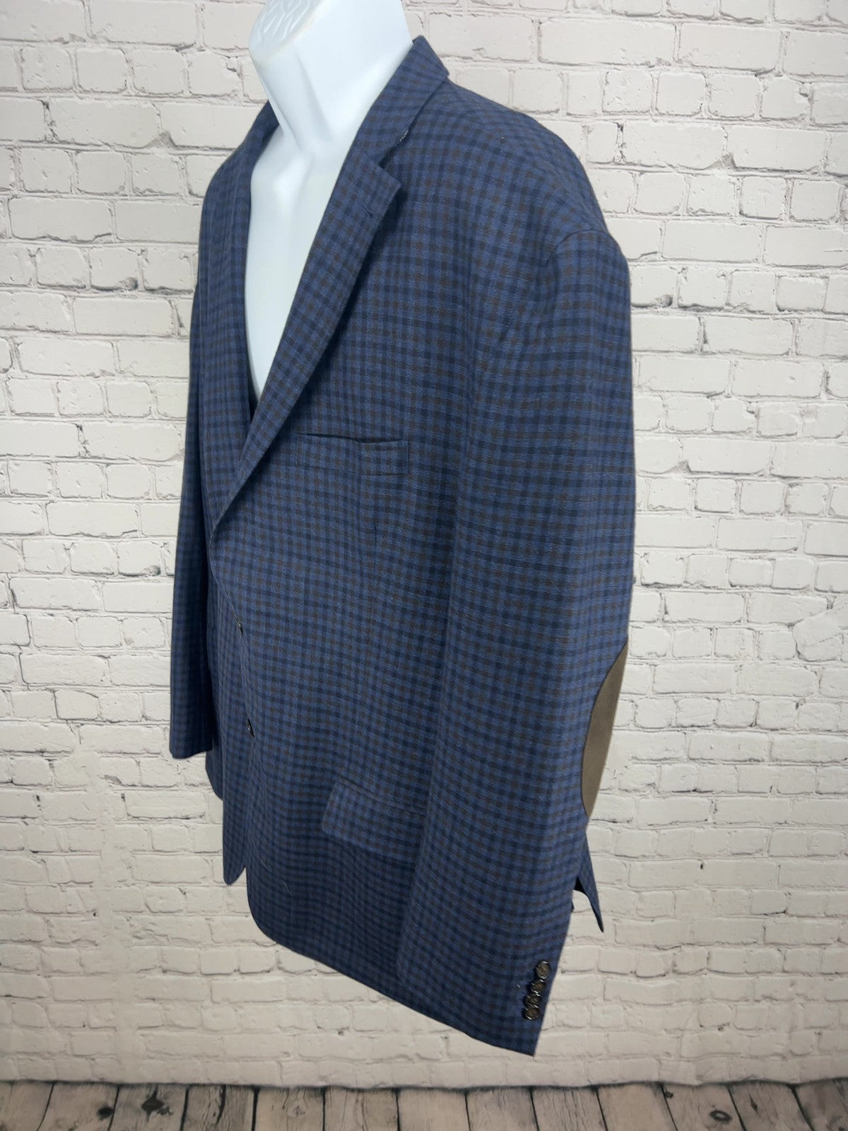 Cremieux Classics Blue Brown Gingham 100% Wool Elbow Patch Sport Coat XXL